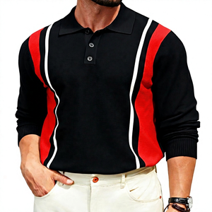 Men's Long Sleeve <b>Black</b> Gray Color Block <b>Polo</b> Shirt Casual Breathable Turn Down Collar 100% Cotton <b>Top</b> - Product Image 4