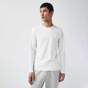 Men's <b>Long</b> <b>Sleeve</b> <b>T</b>-<b>Shirt</b> O-Neck Knitted Regular Fit Solid Color Casual <b>White</b> 100% Cotton Jersey Fabric - Product Image 2