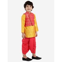 Erkek Çocuk Kırmızı Uzun Kollu Giyim Seti - Ceket ve Dhoti ile Birlikte Tamamen Baskılı Polyester Kurta