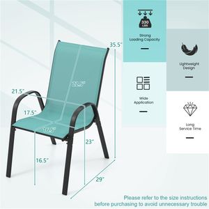 Sedie da pranzo impilabili da esterno turchesi (confezione da 2) con telaio ergonomico in acciaio e tessuto traspirante, mobili da esterno pieghevoli in PP, portata 330 libbre - Product Image 3