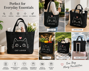Bolsa de lona negra con diseño impreso para amantes de los gatos, bolsa de compras para todas las estaciones - Product Image 4