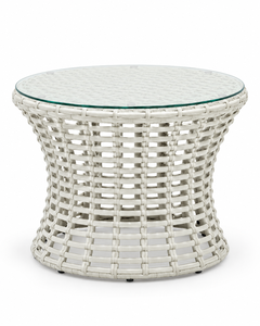 Conjunto de Bistro Moderno para Exteriores de Mimbre Sintético Blanco con Dos Sillones Redondos de Mimbre, Cojines Grises y Mesa de Centro con Tapa de Vidrio para Patio - Product Image 4