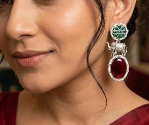 <b>Silver</b> Plated Jade Drop Earrings With Elephant Design Ethnic Women's Wedding Jewelry - Product Image 2