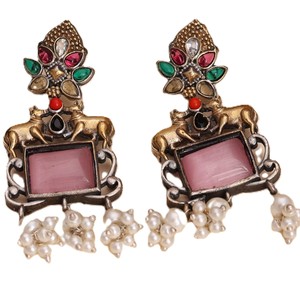 Wholesale Two Tone Oxidized <b>Silver</b> Finish Ethnic Handmade Brass <b>Dangle</b> <b>Earrings</b> with Bezel Setting Elegant Direct Factory Supply - Product Image 1