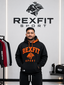 Sudadera con Capucha Negra Personalizada para Hombre, Bordado de Chenilla Naranja, Felpa Gruesa, Estilo Urbano Oversize, Ajuste Casual - Product Image 1