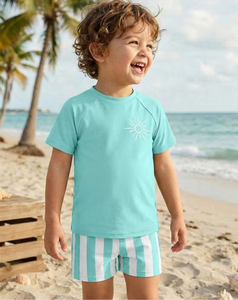 Boys Mint Green Sun Logo T-Shirt and Striped Shorts Set Casual Beach Outfit - Product Image 5