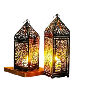 Modern Farmhouse Black Metal Hanging <b>Lantern</b> <b>Set</b> Of 2 Elegant Moroccan Style Iron and Glass Pillar Candle Holder For Indoor - Product Image 3