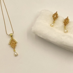 Sapphire Pearl Pendant Set 22K Gold Plated Brass Marquise Crystal Necklace and Stud <b>Earrings</b> Set for Women - Product Image 2