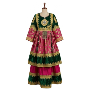 Vestido de novia de seda para mujer, estilo Salwar Kameez, largo hasta el suelo, corte holgado, con bordado verde, rosa y dorado, estilo afgano Kuchi, precio al por mayor - Product Image 1
