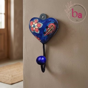 Blue Heart Shaped Ceramic Wall <b>Hook</b> Floral Design Handmade Eco-Friendly Multifunction Retro Style <b>Coat</b> Hanger for Home <b>Decor</b> - Product Image 1