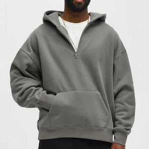 420 Grams Men's Grey Half-<b>Zip</b> <b>Hooded</b> Sweatshirt with Front Pocket Loose Fit Casual Pullover Ribbed Cuffs and Hem - Product Image 1