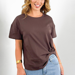 T-shirt décontracté pour femme 100 % coton, manches courtes, marron uni, respirant, séchage rapide, coupe classique, confortable - Product Image 1