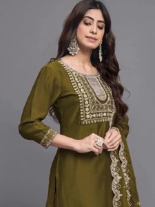 Traje de Algodón Bordado Tradicional Color Oliva para Mujer, con Dupatta, Corte Recto, Largo hasta la Rodilla, Ropa Casual de Secado Rápido, Estilo India/Pakistán - Product Image 4