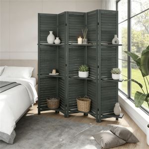 Paravento Grigio a 5 Pannelli con Scaffale Portaoggetti, Pratico Divisorio per Camera da Letto - Product Image 1