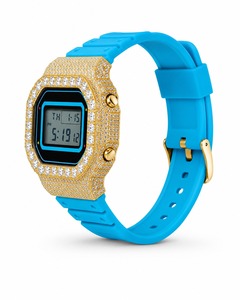 Unisex Digital <b>Watch</b> With Rhinestone Case Square Shape Gold Silicone Band - Product Image 2