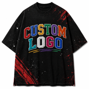 T-shirt surdimensionné personnalisé avec logo, en coton premium, style streetwear, broderie multicolore et design effet éclaboussures vieillis - Product Image 1