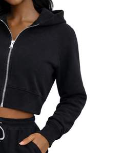 Sudadera corta con capucha y cremallera para mujer, de algodón negro, forro polar, manga larga, informal, estilo urbano, ropa de invierno para mujer y chica, a la moda - Product Image 4