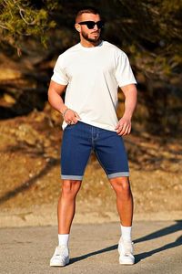 Shorts en jean délavé foncé pour homme, taille mi-haute, coupe droite, décontracté, été, mélange coton élasthanne respirant avec poches - Product Image 5