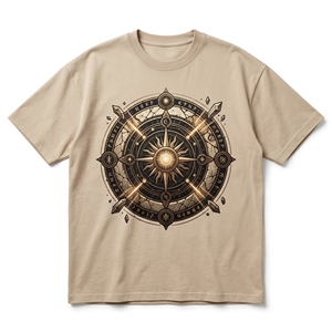 Camiseta Personalizada para Hombre con Gráfico del Brújula Solar Celta, Color Beige, Tejido Grueso, Diseño Nórdico con Runas Astrológicas y Mandala - Product Image 1