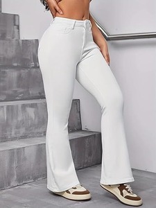 Bell-bottom <b>Boot</b> Cut Denim Jeans with Mid-Waist Criss-Cross Detail Vintage Style Washed Finish Ripped Decoration - Product Image 4