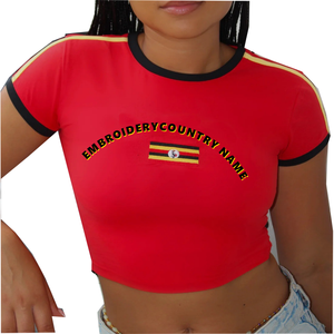 Women's <b>Red</b> <b>Crop</b> <b>Top</b> Crew Neck Short Sleeve Embroidered Flag Logo Casual Knitted T-Shirt - Product Image 2