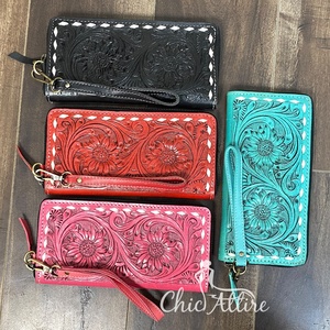 Cartera de mano con cremallera de cuero genuino repujado a mano con diseño floral turquesa, estilo occidental para mujer, para guardar tarjetas de crédito y efectivo, ideal para compras. - Product Image 1