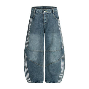 New Men's High Striped Garment Dyed <b>Elastic</b> <b>Waist</b> Baggy <b>Jeans</b> Breathable Vintage Wide Leg Distressed Streetwear Casual Pants - Product Image 5