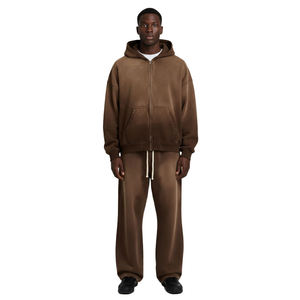 Ensemble de survêtement pour homme en molleton de coton marron, comprenant un sweat à capuche zippé surdimensionné et un pantalon de survêtement à jambes larges, décontracté deux pièces - Product Image 2