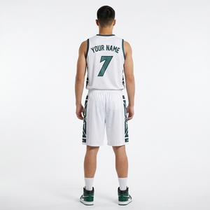 Conjunto de Uniforme de Baloncesto Sublimado Personalizado al por Mayor, Blanco y Verde, para Hombre, sin Mangas, Cuello en V, con Diseño de Paneles, Pantalones Cortos - Product Image 2