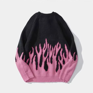 เสื้อไหมพรมโอเวอร์ไซส์ผู้ชาย คอกลม ลายเปลวไฟ สีชมพู-ดำ แขนยาวปกติ ใส่ได้ในฤดูใบไม้ร่วง คุณภาพดีเยี่ยม สไตล์สตรีทแวร์ใหม่ล่าสุด - Product Image 2