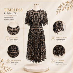 Womens Black Lace Embroidered Midi Dress Nude Lining Round Neck Short Sleeve Elegant Cocktail Wedding Party Formal Scalloped - Product Image 5