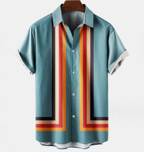 Chemise Hawaïenne Décontractée d'Été pour Hommes en Gros, 100% Polyester, Imprimée à Rayures, Séchage Rapide, Manches Courtes, Haut de Plage Tricoté - Product Image 4