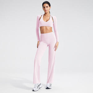 Ensemble de yoga et d'entraînement personnalisé OEM pour femme – Soutien-gorge de sport respirant, extensible, froncé, uni, à bretelles halter et dos nu, avec taille haute à l'avant - Product Image 3