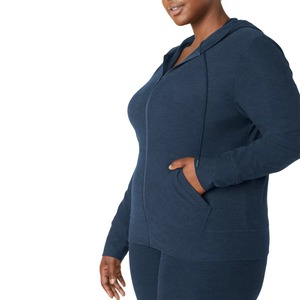 Plus Size Women's Hooded <b>Zip</b>-<b>Up</b> Sweatshirt Solid Color Fleece Knitted Casual Spring <b>Top</b> Full Sleeve Regular Length Only - Product Image 4