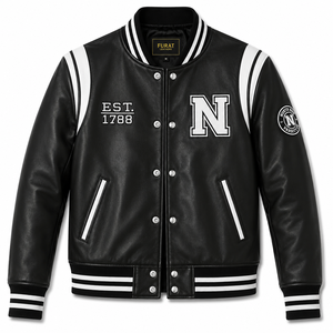 เสื้อแจ็คเก็ตหนังสีดำ Furat Leathers Liberte New York รุ่น Varsity ระบายอากาศได้ดี กันลม คอตั้ง ปักลายได้ตามต้องการ - Product Image 1