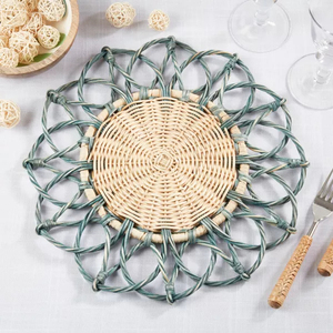 Salvamantel de mimbre natural con borde festoneado verde, hecho a mano, ecológico, para decoración de mesa de comedor, al por mayor, OEM - Product Image 4