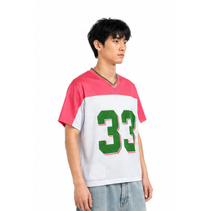 Camiseta de Fútbol Unisex Rosa y Blanca con Malla, Número 33, Estampado Verde en Tela Twill, Cuello en V, Manga Corta, Transpirable, para Adultos - Product Image 3