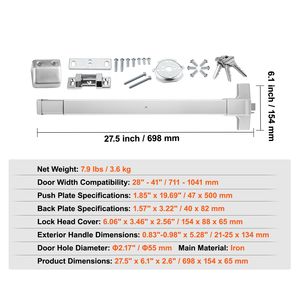 Maniglia Esterna con 3 Chiavi in Acciaio al Carbonio, Barra Antipanico per Porte di Sicurezza con Dispositivo di Uscita d'Emergenza a 3 Chiavi di Ha - Product Image 6
