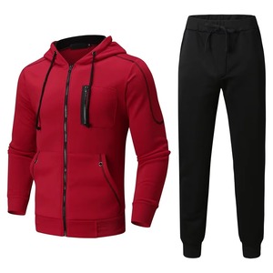 Men's Red Hooded Zip-Up Sweatshirt With <b>Black</b> Jogger <b>Pants</b> Casual Tracksuit Set Solid Color Full Sleeve Autumn Wear - Product Image 1