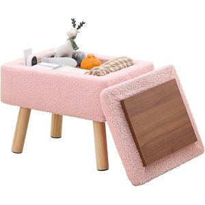 Pouf Contemporaneo Rettangolare Rosa con Rivestimento in Pile Teddy e Gambe in Legno Massello, Ideale come Panca o Poggiapiedi per Ingresso Hotel - Product Image 1