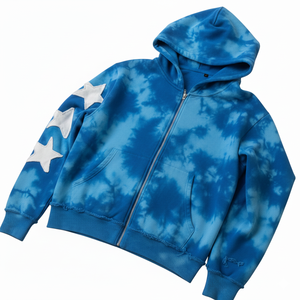 <b>Tie</b>-Dye <b>Blue</b> Hooded Zip-Up Sweatshirt With White Stars Regular Fit Unisex Casual Autumn Wear French Terry Cotton 100% Cotton fit - Product Image 1