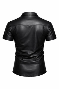 Men’s Black Leather Shirt – <b>Slim</b> <b>Fit</b> Short Sleeve Button Up – Real Leather Cargo Style Outfit – Street wear Fashion Shirt for Me - Product Image 2