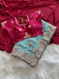 Sari en soie Fandy riche en nylon avec broderie dorée Dori et sequins, sari de luxe en soie Fandy avec bordure richement brodée - Product Image 1