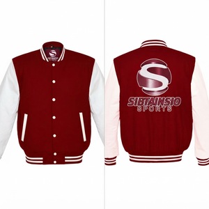 เสื้อแจ็คเก็ตเบสบอลทรงบอมเบอร์สีแดงเลือดหมู แขนหนังสีขาว ตัวเสื้อทำจากผ้าขนสัตว์ ติดกระดุมด้านหน้า ขายส่งเสื้อแจ็คเก็ตหนัง PU แขนหนัง - Product Image 6