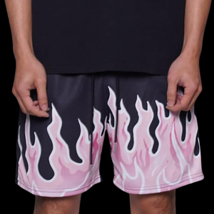 Custom Mens Black Mesh Shorts Pink Flame Graphic Print Drawstring Elastic Waistband Casual <b>Athletic</b> Basketball Trunks - Product Image 5