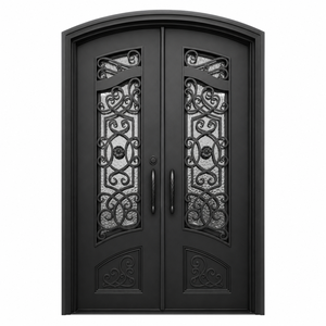 Puerta doble de entrada de hierro forjado moderna, resistente al óxido y elegante, con un diseño arqueado y motivos de volutas. - Product Image 1
