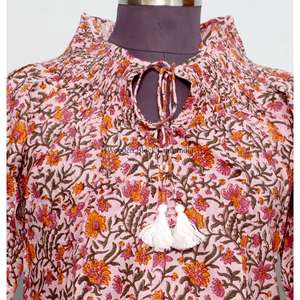 เสื้อสไตล์อินเดียวินเทจสำหรับฤดูร้อน ผ้าฝ้าย 100% พิมพ์ลายดอกไม้ดิจิทัล คอกลม แขนพอง เป็นมิตรกับสิ่งแวดล้อม ระบายอากาศได้ดี เสื้อครอปสำหรับผู้หญิง - Product Image 3