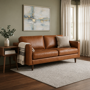 Sofá Loveseat de Cuero Genuino Estilo Mid-Century Moderno, Respaldo Firme, Brazos Cuadrados, Patas de Madera, Mueble para Sala de Estar - Product Image 1