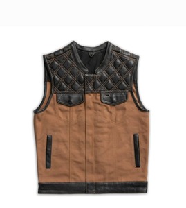 <b>Mens</b> Brown Cowhide <b>Leather</b> Biker Vest Quilted Motorcycle <b>Waistcoat</b> with Camo Design - Product Image 1