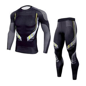 Men's <b>Black</b> Yellow Compression Set <b>Long</b> <b>Sleeve</b> Crew Neck Full Length Quick Dry Breathable Sporty Fitness Wear Geometric Pattern - Product Image 1